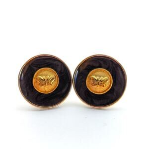 Vintage Weekenders Gold Tone Swirled Gray Black Enamel Post Butterfly Earrings